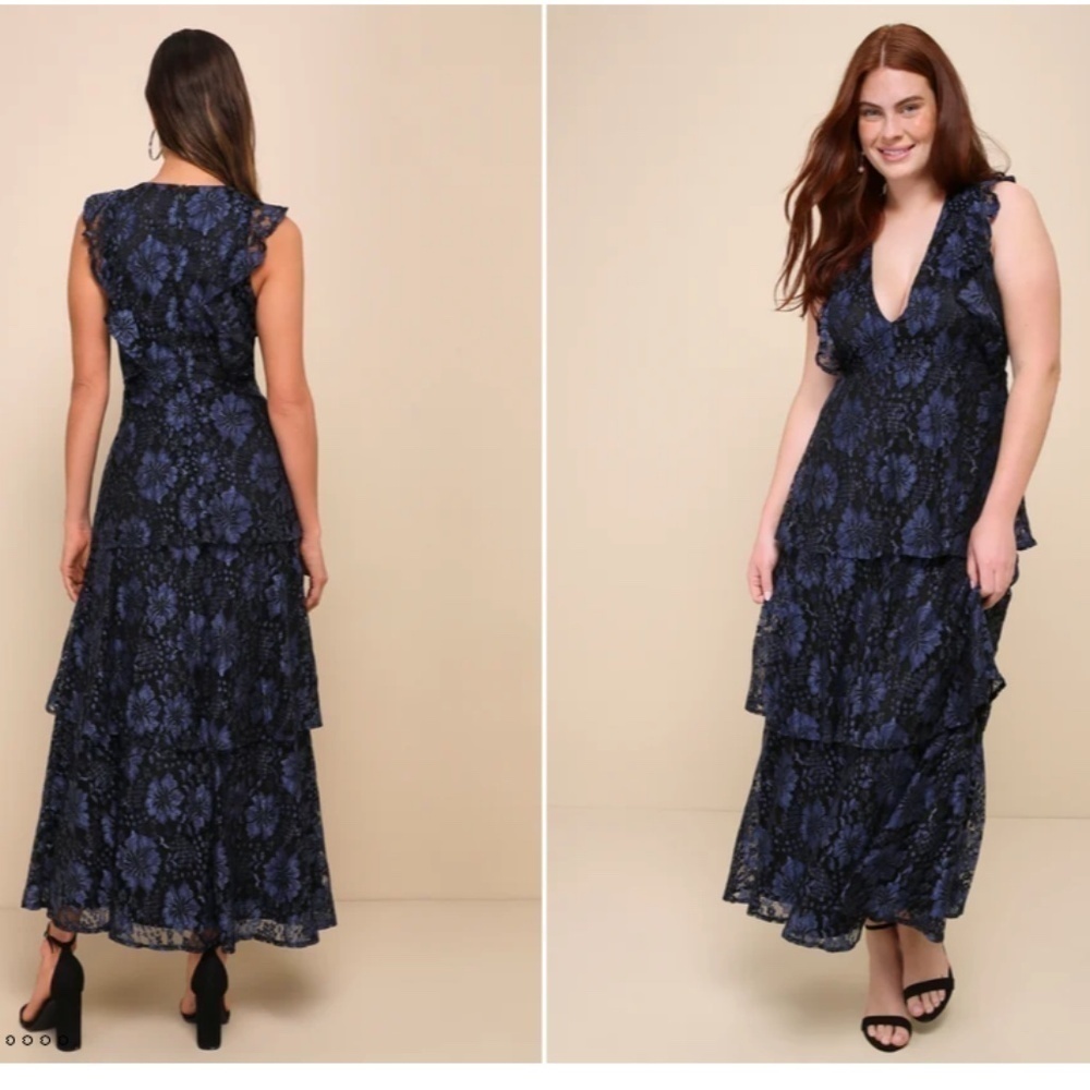 LULU's Sexy FLowy Prom Wedding Bridesmaid Tiered Lace Floral Ruffles Maxi - Picture 6 of 8